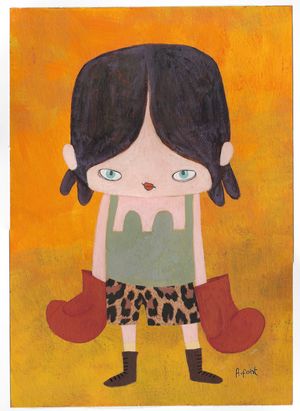 Zeichnung von einem weißen Mädchen mit schwarzen Haaren, Leopardenprint-Shorts und roten Boxhandschuhen